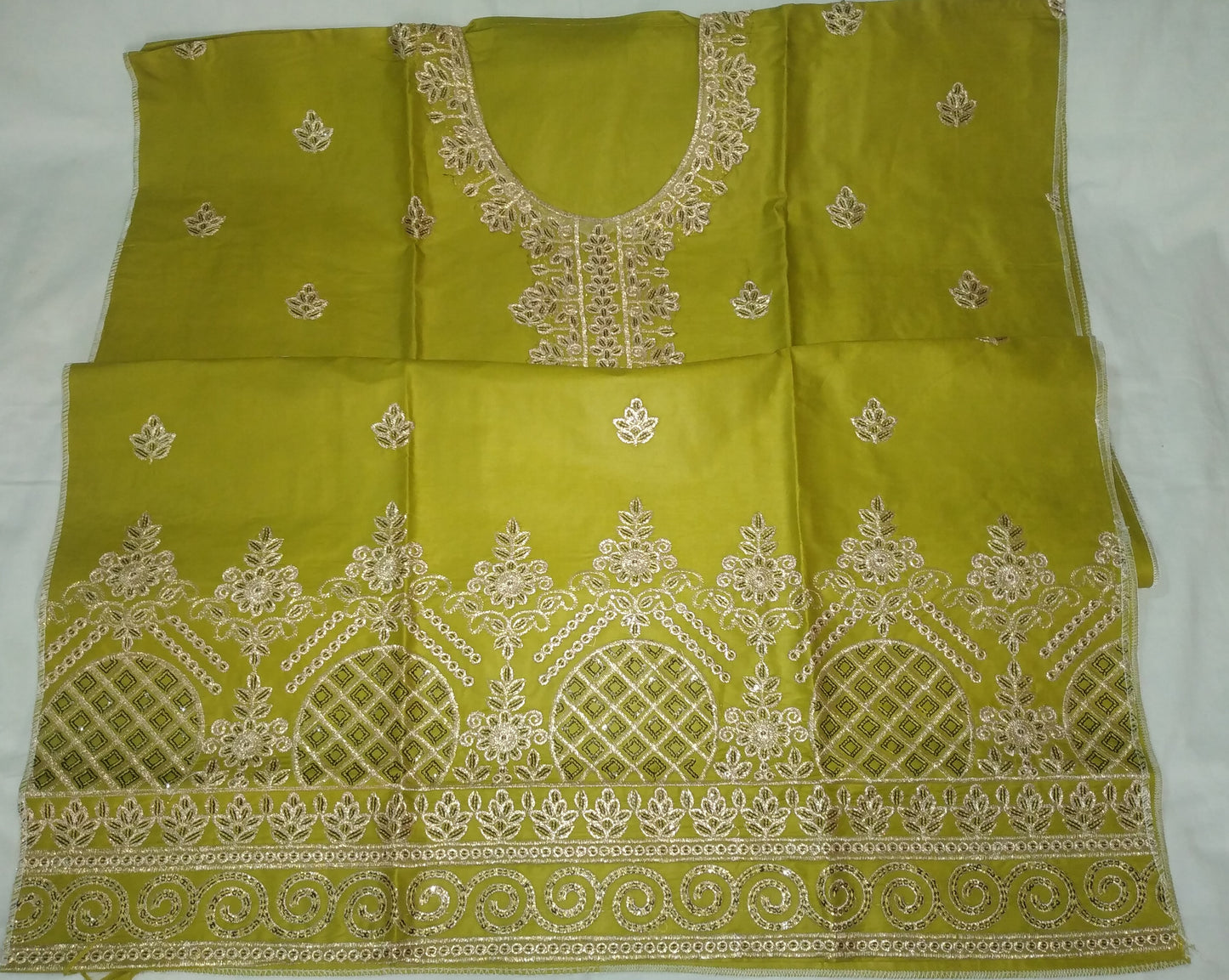 Cotton Fabric Un Stitched Olive Green Embroidered