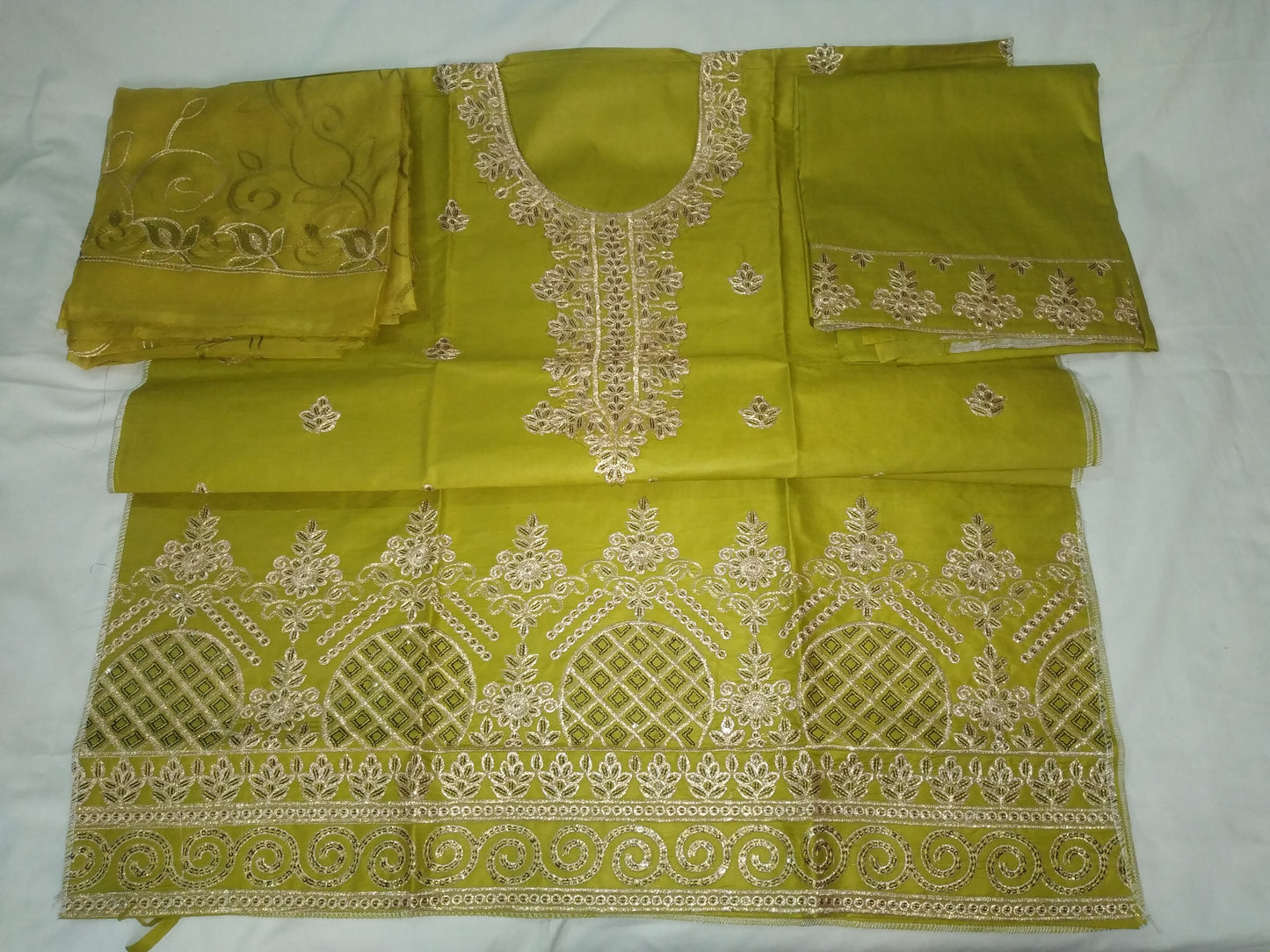 Cotton Fabric Un Stitched Olive Green Embroidered