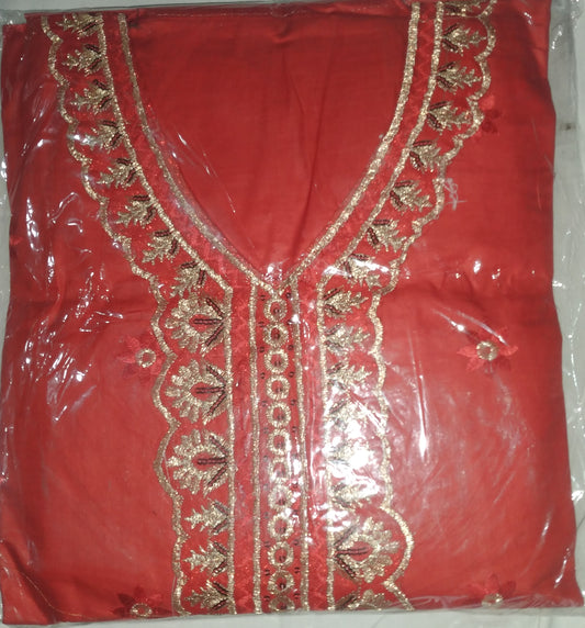 Cotton Fabric Un Stitched Red Embroidered