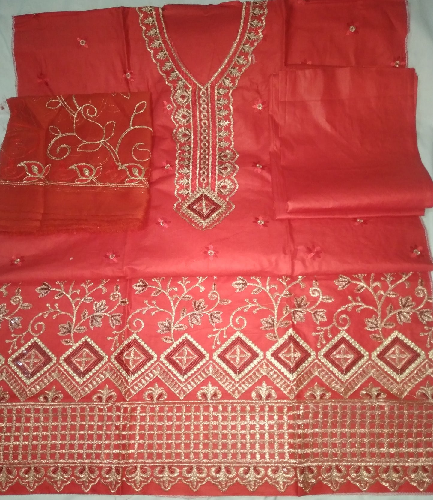 Cotton Fabric Un Stitched Red Embroidered