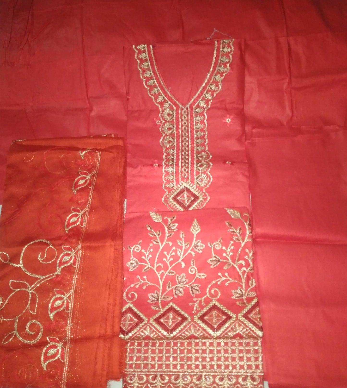 Cotton Fabric Un Stitched Red Embroidered