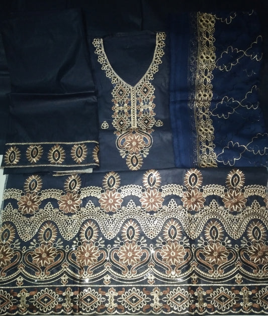 High Quality Cotton Embroidered Fabric Un Stitched Blue