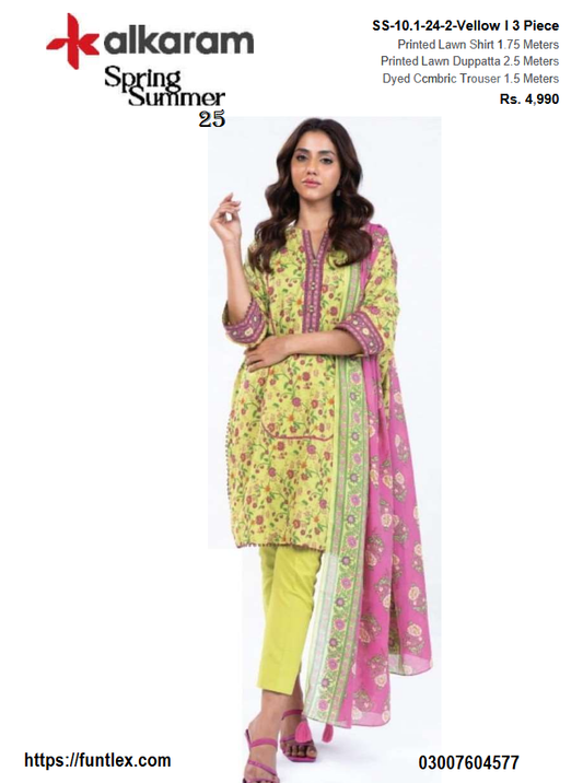 Alkaram 3 Piece Printed Lawn Suit With Printed Lawn Dupatta