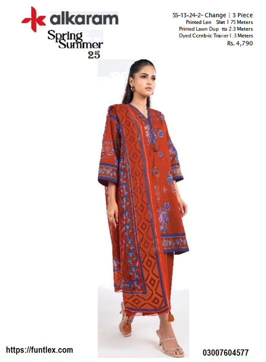 Alkaram 3 Pc Printed Lawn Suit With Printed Lawn Dupatta